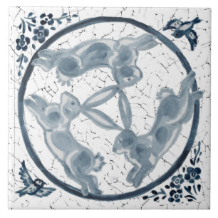 Vintage Drei Kaninchen Hase Trio Blau & Weiß Delft Fliese