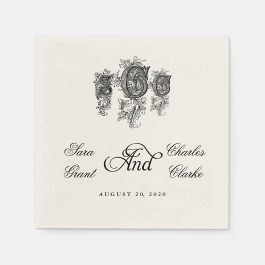 Vintage drei Monogramm SCC Hochzeitspapier Napkins Serviette (Vorderseite)