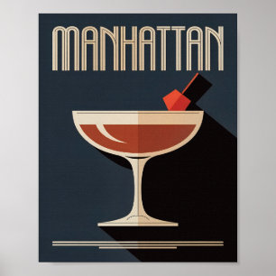 Vintage dunkelblaue Manhattan-Getränk-Illustration Poster
