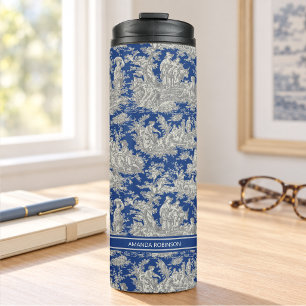 Vintage dunkelblaue Toile-de-Jouy-Drucke Thermosbecher
