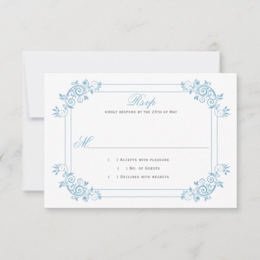 Vintage dunkelblaue Wirbel RSVP Karte (Vorderseite)