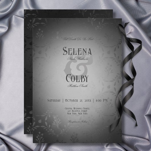 Vintage Dunkelgotische Schwarzdamasenhochzeit Einladung