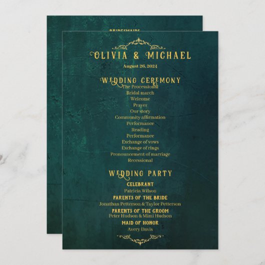 Vintage Dunkelgrüne Hochzeit Programm (Vorne/Hinten)