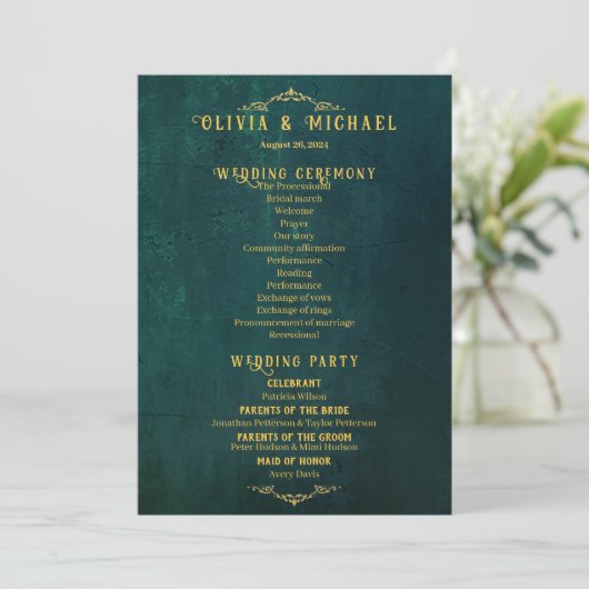 Vintage Dunkelgrüne Hochzeit Programm (Stehend Vorderseite)