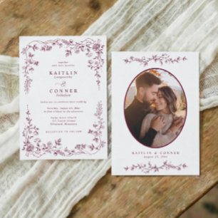 Vintage dunkelrote französische Blumen Hochzeitsfo Einladung