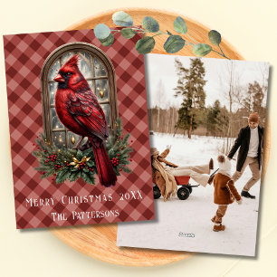 Vintage dunkelrotes Gingham-Kardinal-Weihnachtsfot Feiertagskarte