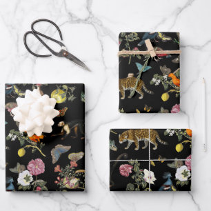 Vintage dunkle botanische Wildtiere im Wald Geschenkpapier Set