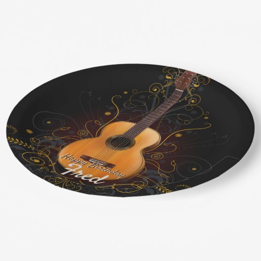 Vintage dunkle Eleganz-Akustikgitarre Pappteller (Schrägansicht)