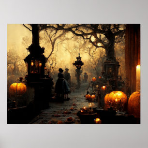 Vintage dunkle Halloween-Nacht-Stadtstraße Poster