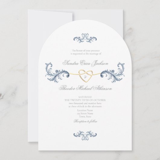 Vintage Dusty Blue Wedding Einladung mit QR Code (Vorderseite)