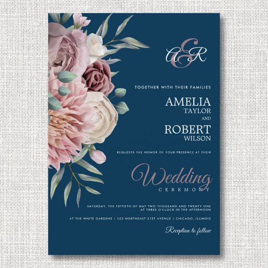 Vintage Dusty Rose Floral auf Marine Einladung