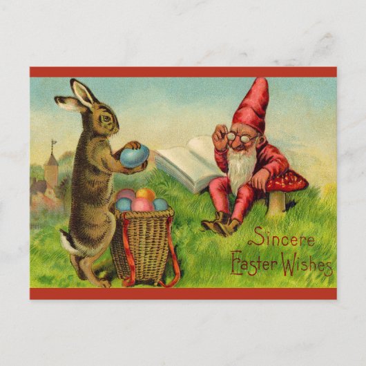 Vintage Easter Bunny and Gnome Postkarte (Vorderseite)