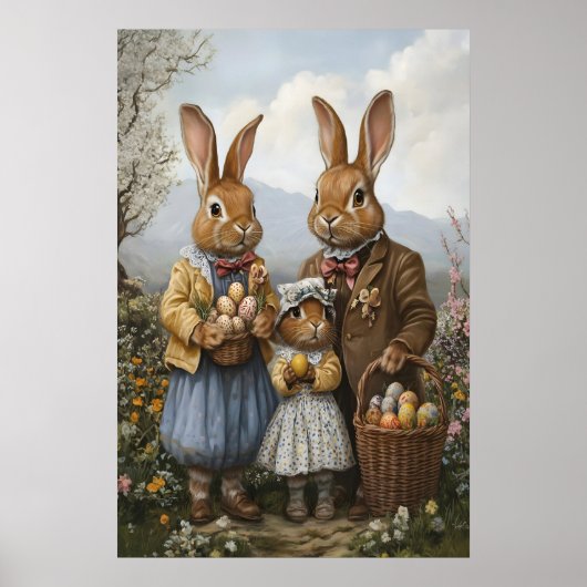 Vintage Easter Bunny Family Art, Spring Nursery Poster (Vorne)