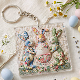 Vintage Easter Bunny Quilted Style Print Schlüsselanhänger