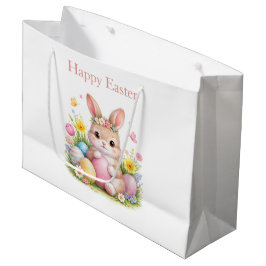 Vintage Easter Bunny Rabbit Pink Floral Watercolor Große Geschenktüte