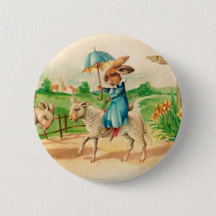 Vintage Easter Bunny Rabbit Riding Lambs Greetings Button