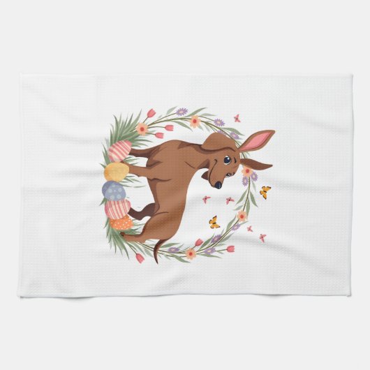 Vintage Easter Dachshund Bunny Dog with Floral Egg Geschirrtuch (Horizontal)