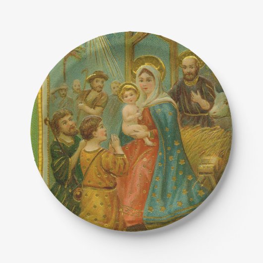 Vintage Edwardian Era Nativity Christmas Card Pappteller (Vorderseite)