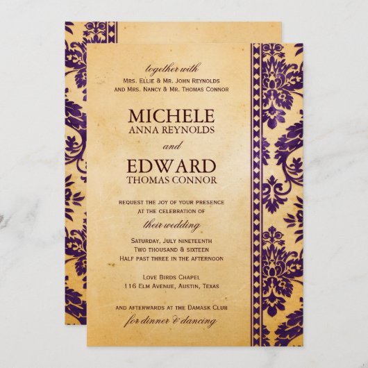 Vintage Eggplant Damask Lace Wedding Einladung (Vorne/Hinten)