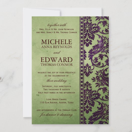 Vintage Eggplant & Olive Damask Hochzeit Einladung (Vorderseite)