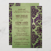 Vintage Eggplant & Olive Damask Hochzeit Einladung (Vorne/Hinten)
