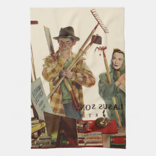 Vintage-Ehepaar mit Gartengeräten Geschirrtuch