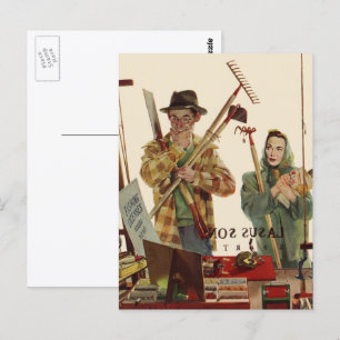 Vintage Ehepaar mit Gartengeräten Postkarte