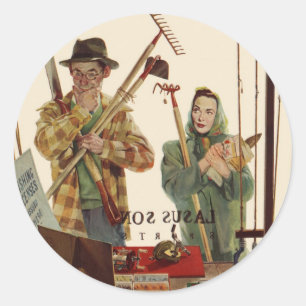 Vintage Ehepaar mit Gartengeräten Runder Aufkleber