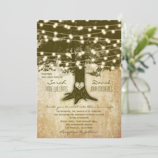 Vintage Eichenbaum Rustikale Strandlichter Hochzei Einladung (Stehend Vorderseite)