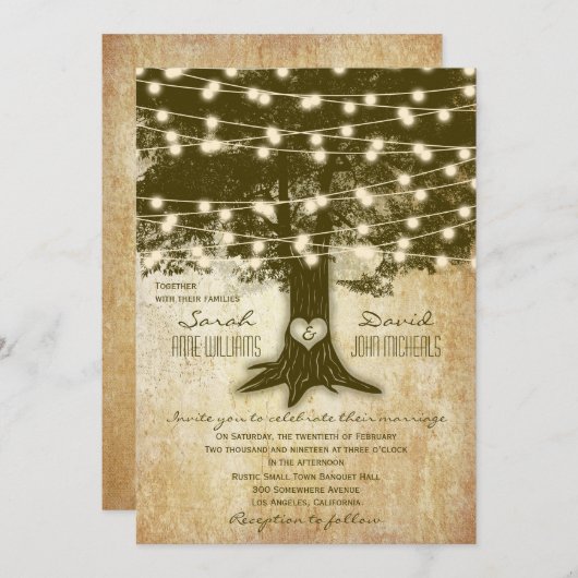 Vintage Eichenbaum Rustikale Strandlichter Hochzei Einladung (Vorne/Hinten)