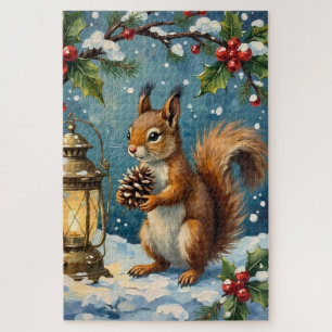 Vintage Eichhörnchen mit Weihnachtslaterne Winter Puzzle