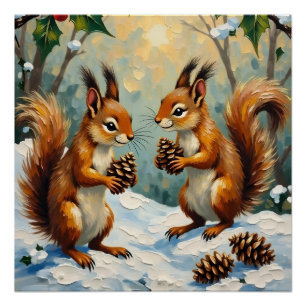 Vintage Eichhörnchen sammeln Zapfen Weihnachten Poster