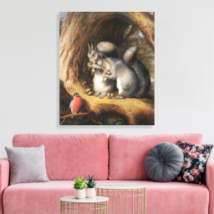 Vintage Eichhörnchen und Vogel Wald Forstkunst Leinwanddruck