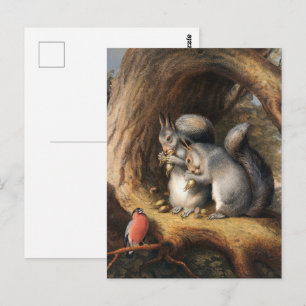 Vintage Eichhörnchen und Vogel Waldlandschaftskuns Postkarte
