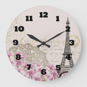 Vintage Eiffel-Turm-Collage mit rosa Wildblumen Große Wanduhr