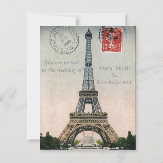 Vintage Eiffel-Turm-Postkarte Einladung (Vorderseite)