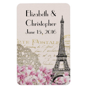 Vintage Eiffel-Turm und rosa Blumen Hochzeit STD Magnet