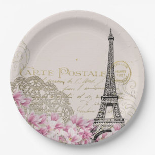 Vintage Eiffelturm-Collage mit rosa Wildblumen Pappteller