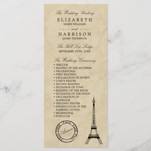 Vintage Eiffelturm Paris Hochzeit Programm (Vorderseite)
