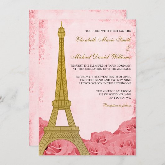 Vintage Eiffelturm Rosenhochzeit Einladung (Vorne/Hinten)