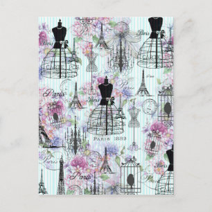 Vintage Eiffelturm-Schaufensterpuppe Blumen-Collag Postkarte