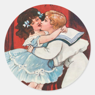 Vintage Ein frohes Weihnachten Junge küsst Mädchen Runder Aufkleber