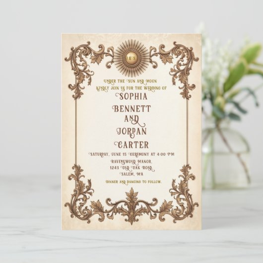 Vintage Einladung zum Hochzeitsfeiern mit Sonnensc (Stehend Vorderseite)