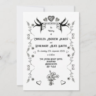 Vintage Einladung zur Hochzeit im Tattoo-Stil