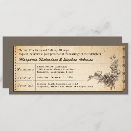 Vintage Eintrittskarte für Hochzeitsfeiern Einladung (Vorne/Hinten)