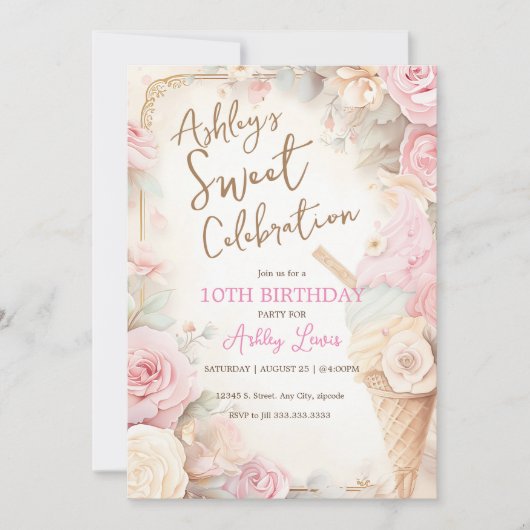 Vintage Eiscreme-Kegel, rosafarbenes Eis Einladung (Vorderseite)