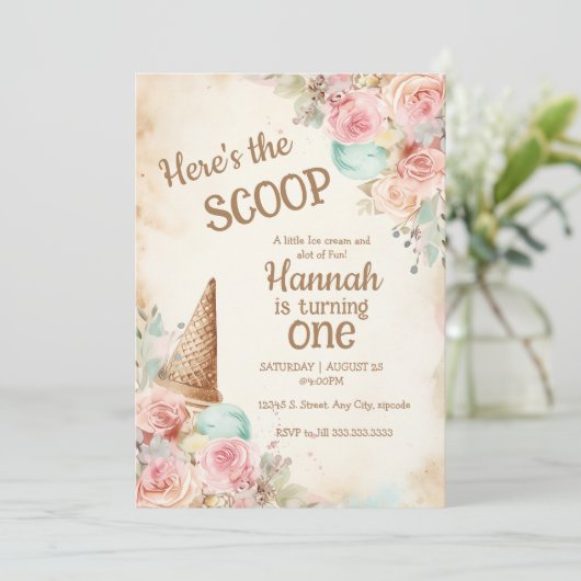 Vintage Eiscreme m, Blume und Eistüte Einladung (Stehend Vorderseite)