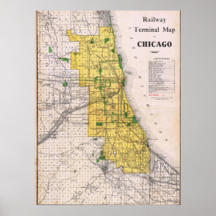 Vintage Eisenbahnkarte von Chicago Poster