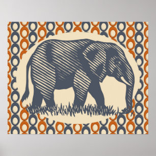 Vintage Elefant Orange Grau Poster
