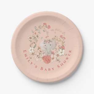 Vintage-Elefanten-Blumen Pfirsich-Mädchen-Baby-Par Pappteller